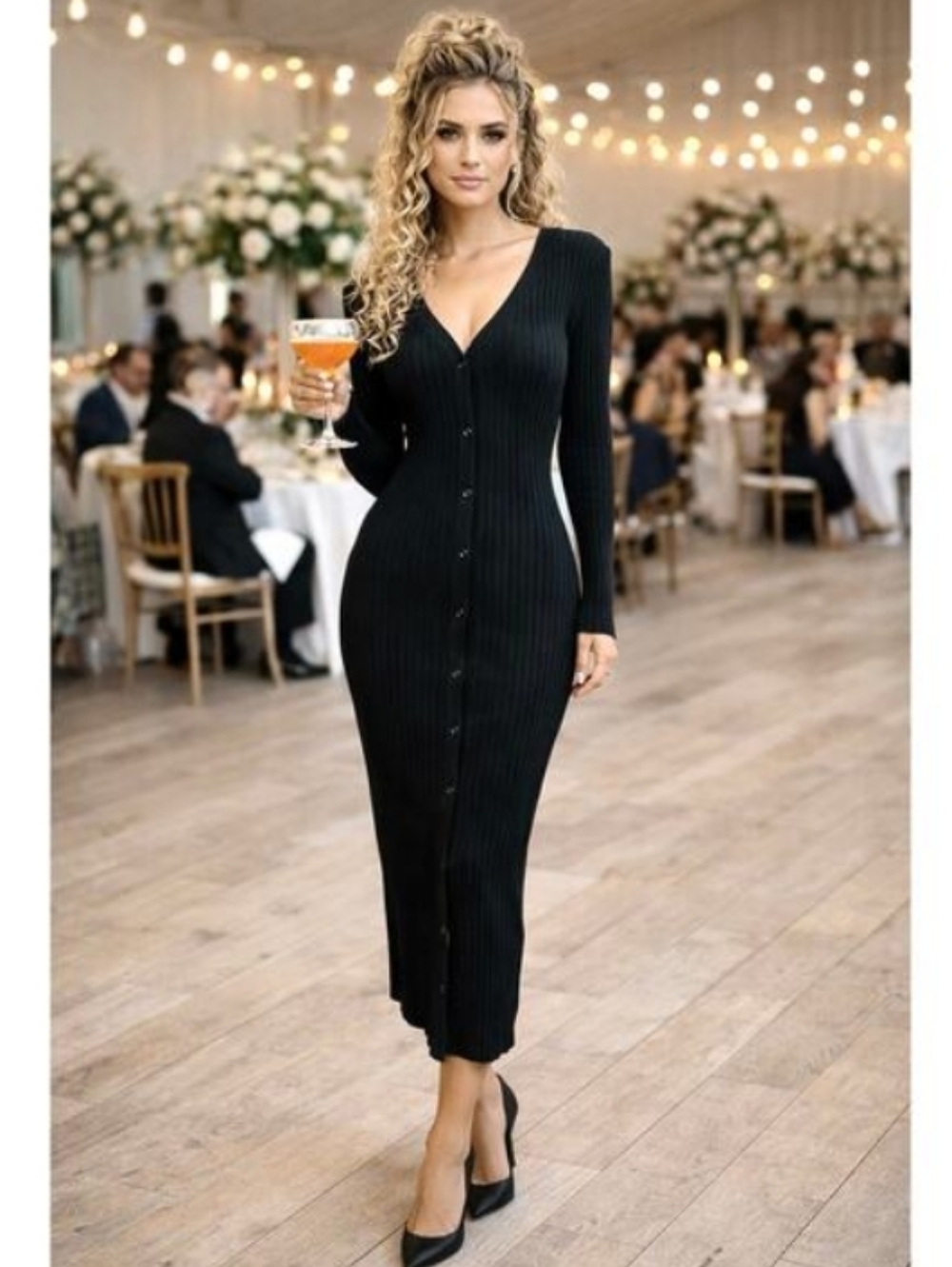 New LITA by Ciara REVOLVE Black Ribbed V Neck Cardigan Button Front Midi Dress